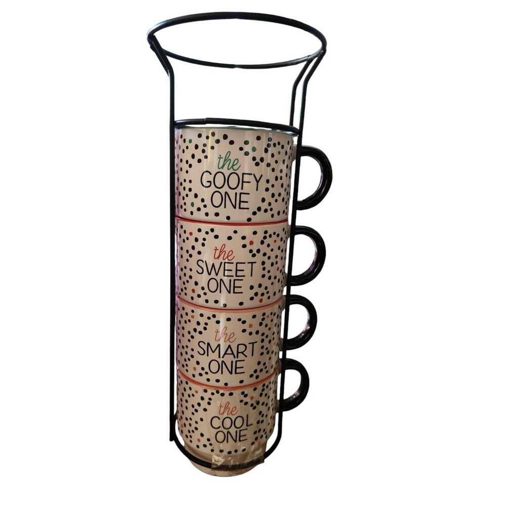 American Atelier Set of 4 Cute Labeled Black Dots Coffee Mugs w/ Metal Stand